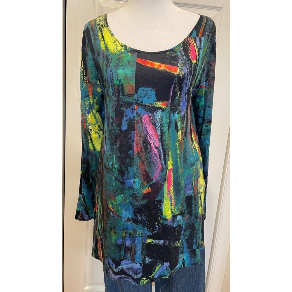 Women’s Abstract Print Long Sleeve Tunic - Teal Multi